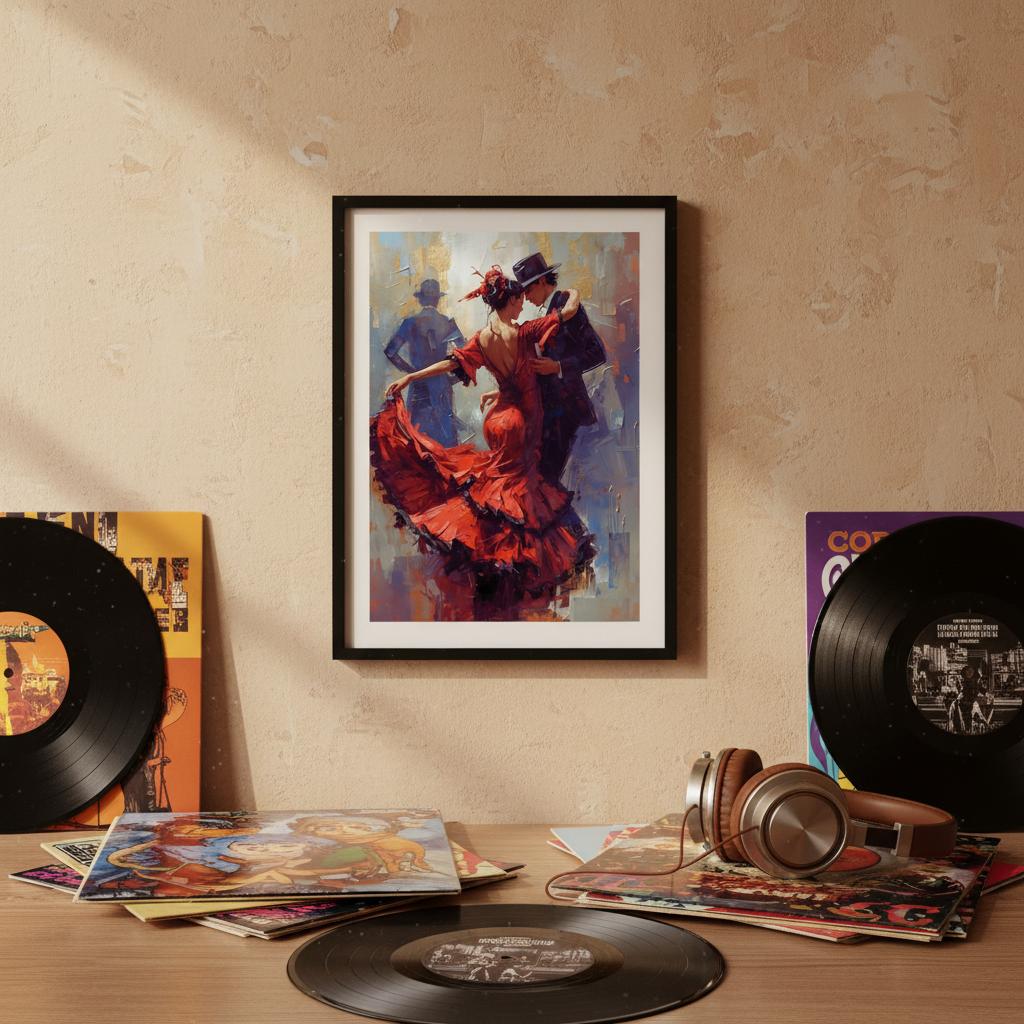 Framed artwork of a couple dancing, vinyl records, and headphones on a table against a beige wall.