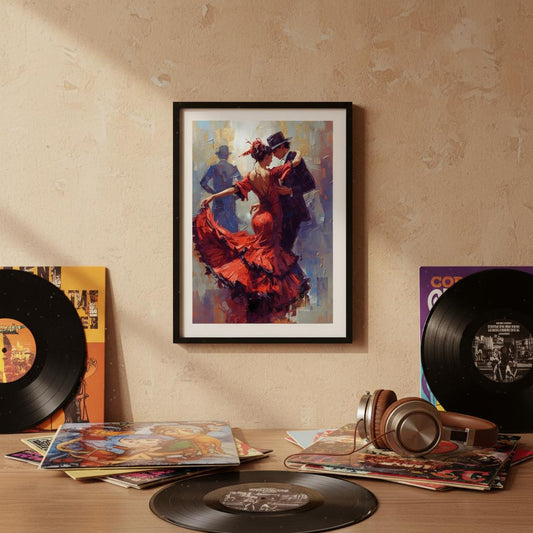 Framed artwork of a couple dancing, vinyl records, and headphones on a table against a beige wall.