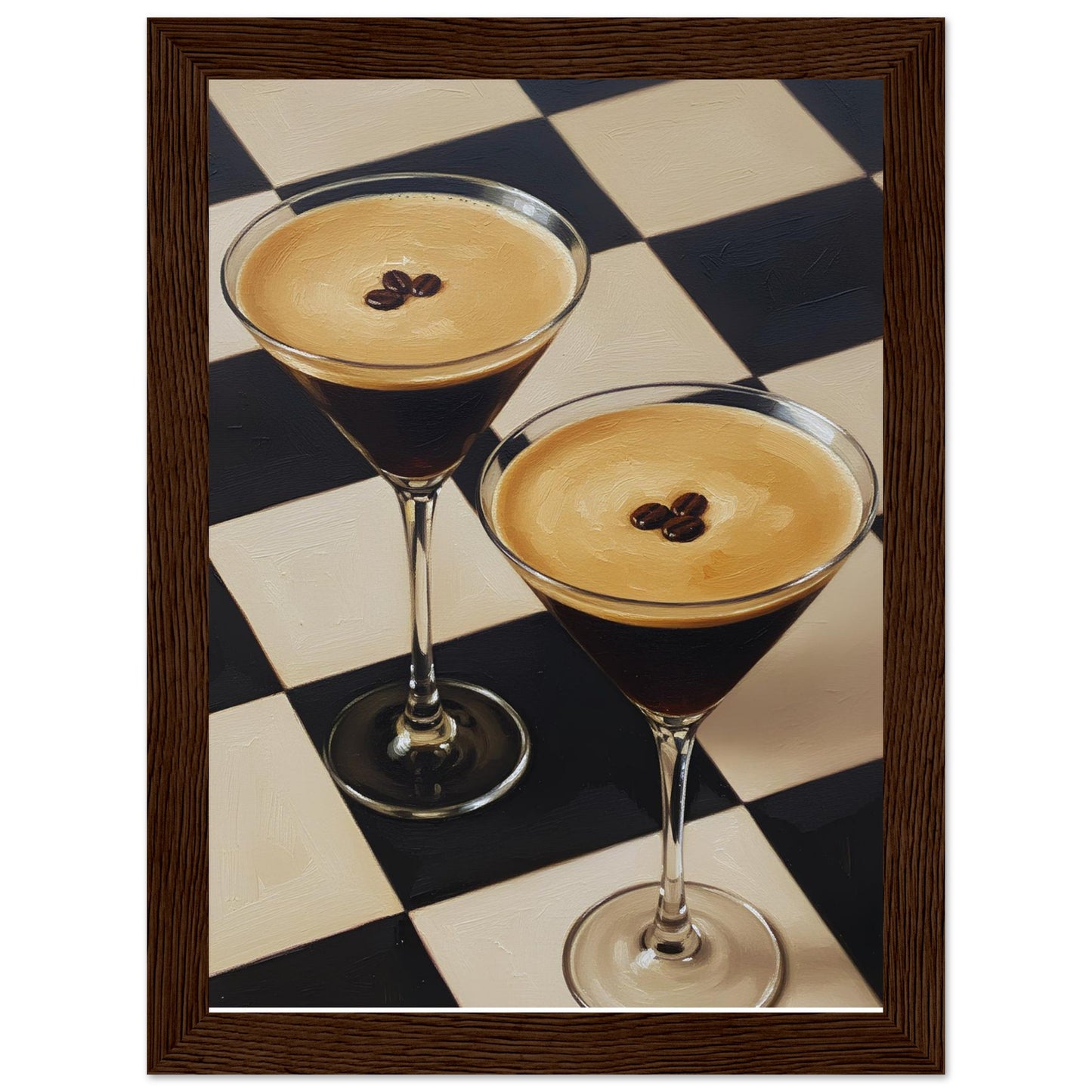 Framed Espresso Martini print featuring two classic cocktails with rich coffee tones and a geometric checkerboard pattern.
