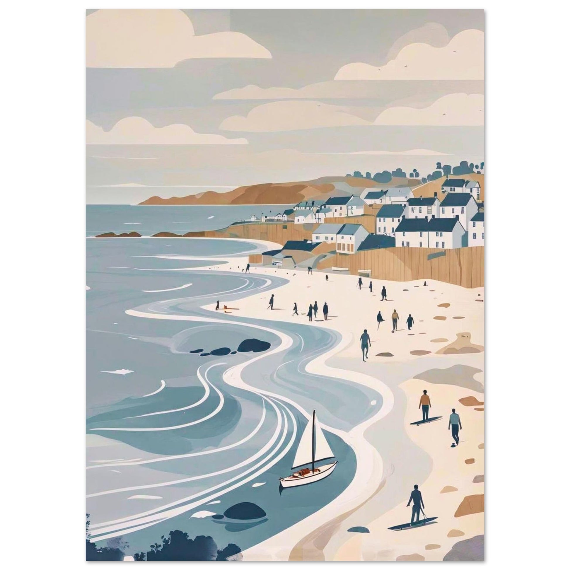Coastal Village & Flowing Waves modern seaside wall art print