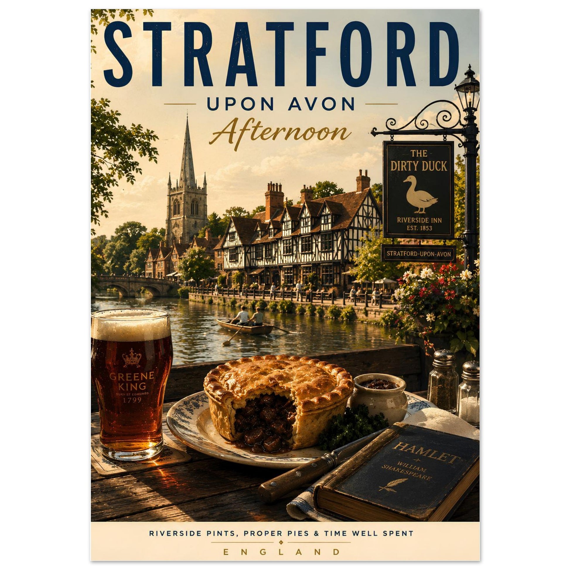 Stratford-upon-Avon Afternoon wall art print featuring the River Avon, traditional pub meal, local ale and Shakespeare-inspired details.