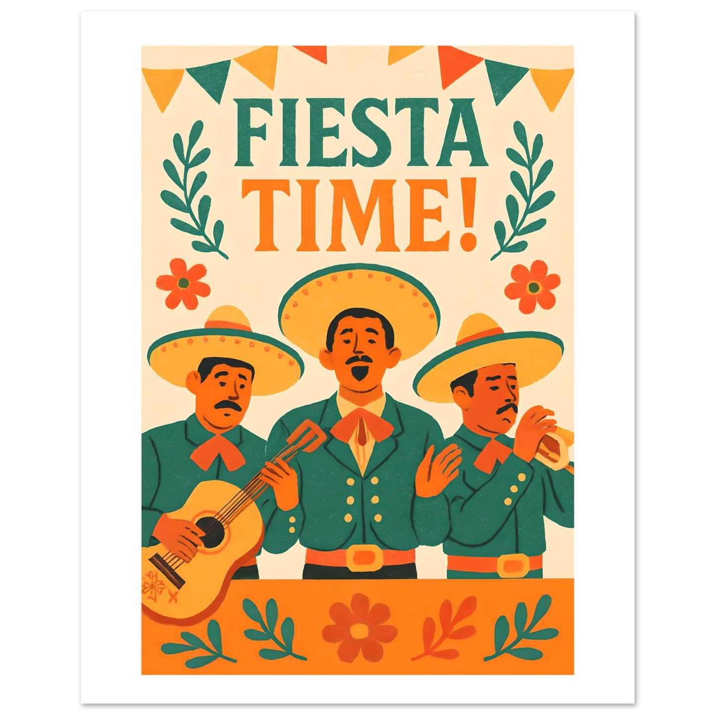 Fiesta Time Poster – Retro Mexican Wall Art – Vintage Mariachi Band Print – Colorful Festival & Cinco de Mayo Home Decor