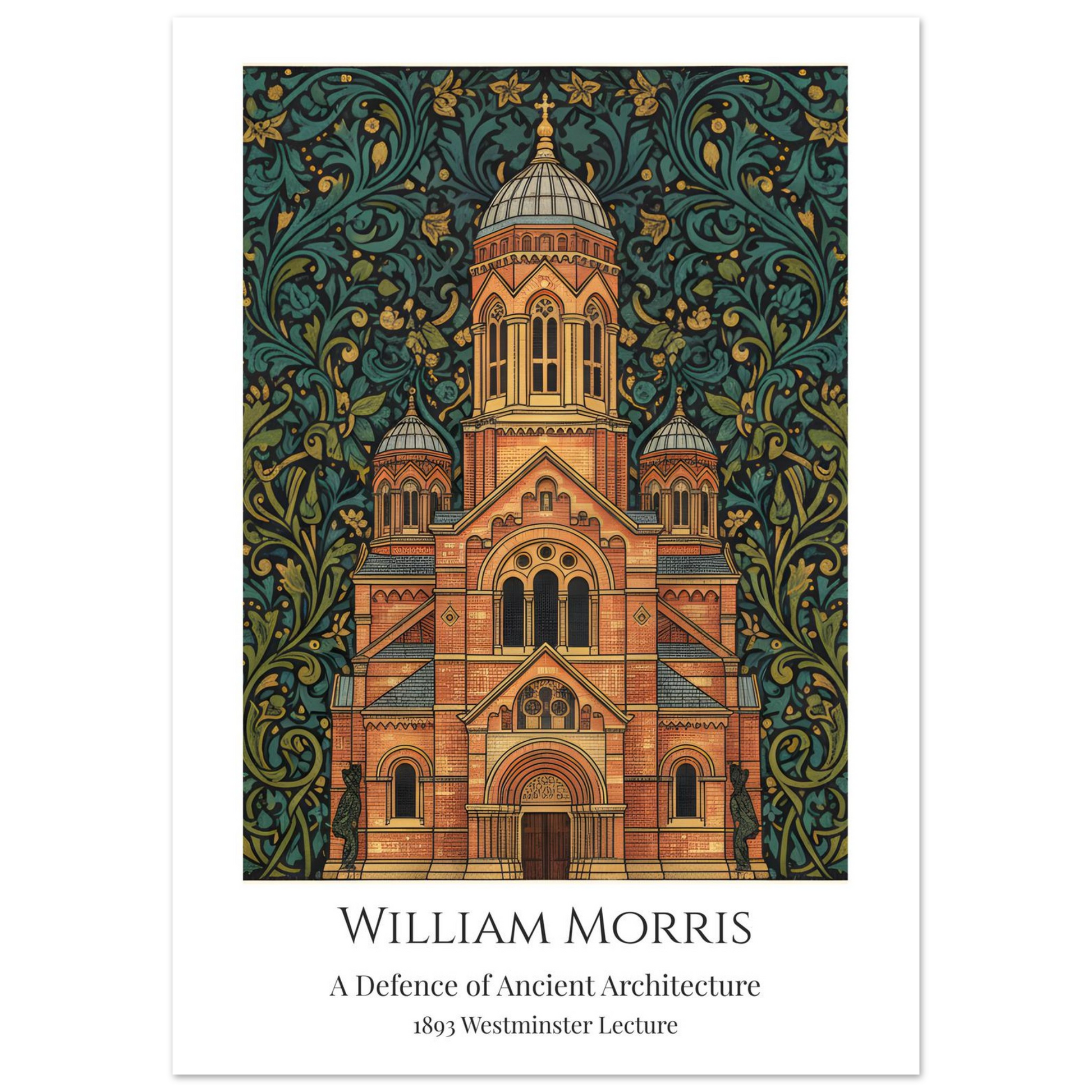 A William Morris style art print of Westminster Cathedral featuring a Neo-Byzantine architectural facade in gold and brick tones. The building is surrounded by an intricate, dense teal and dark green botanical pattern. The bottom features a clean white border with the text: William Morris, A Defence of Ancient Architecture, 1893 Westminster Lecture