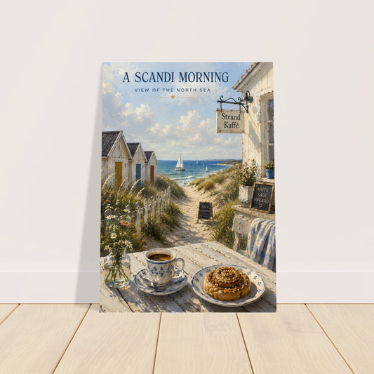 Framed Scandinavian coastal poster leaning against a wall on a wooden floor