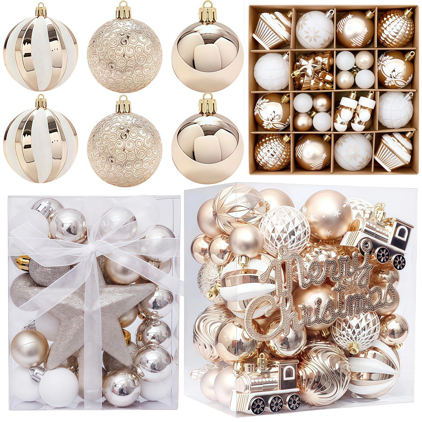 Collection of gold and silver Christmas ornaments in various packaging.