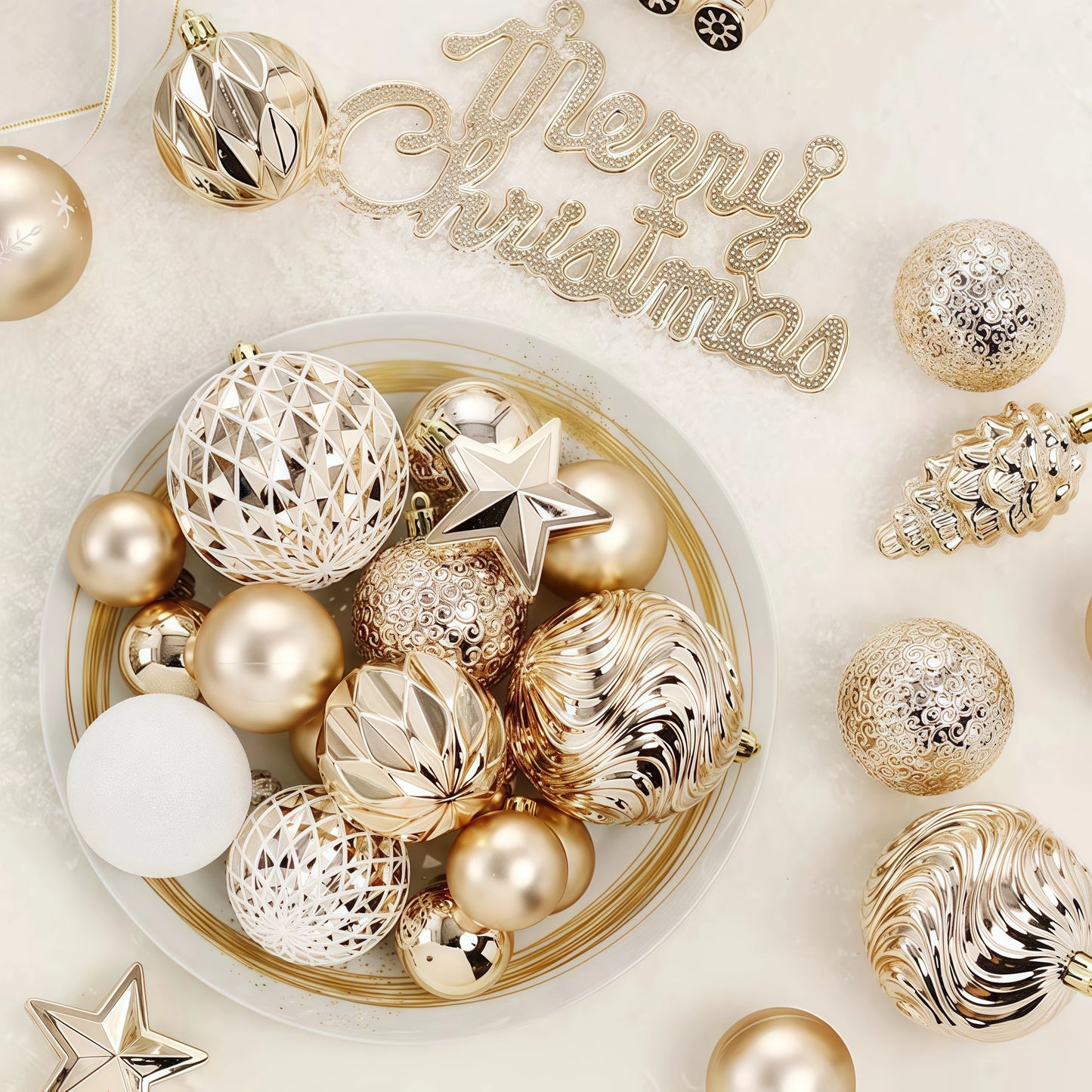 Decorative Christmas ornaments with 'Merry Christmas' text on a light background