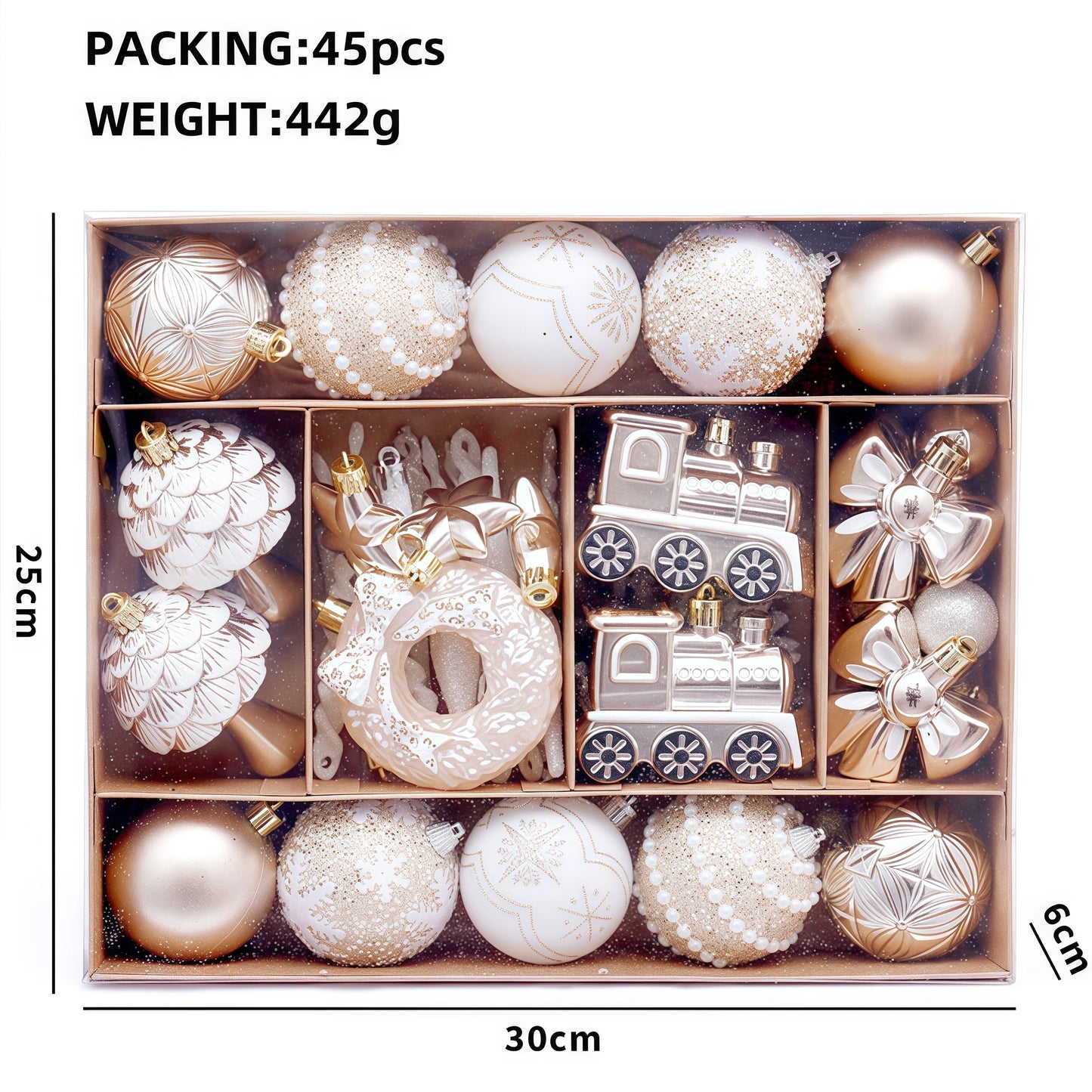 Box of Christmas ornaments including balls and train-shaped decorations with dimensions and weight information.