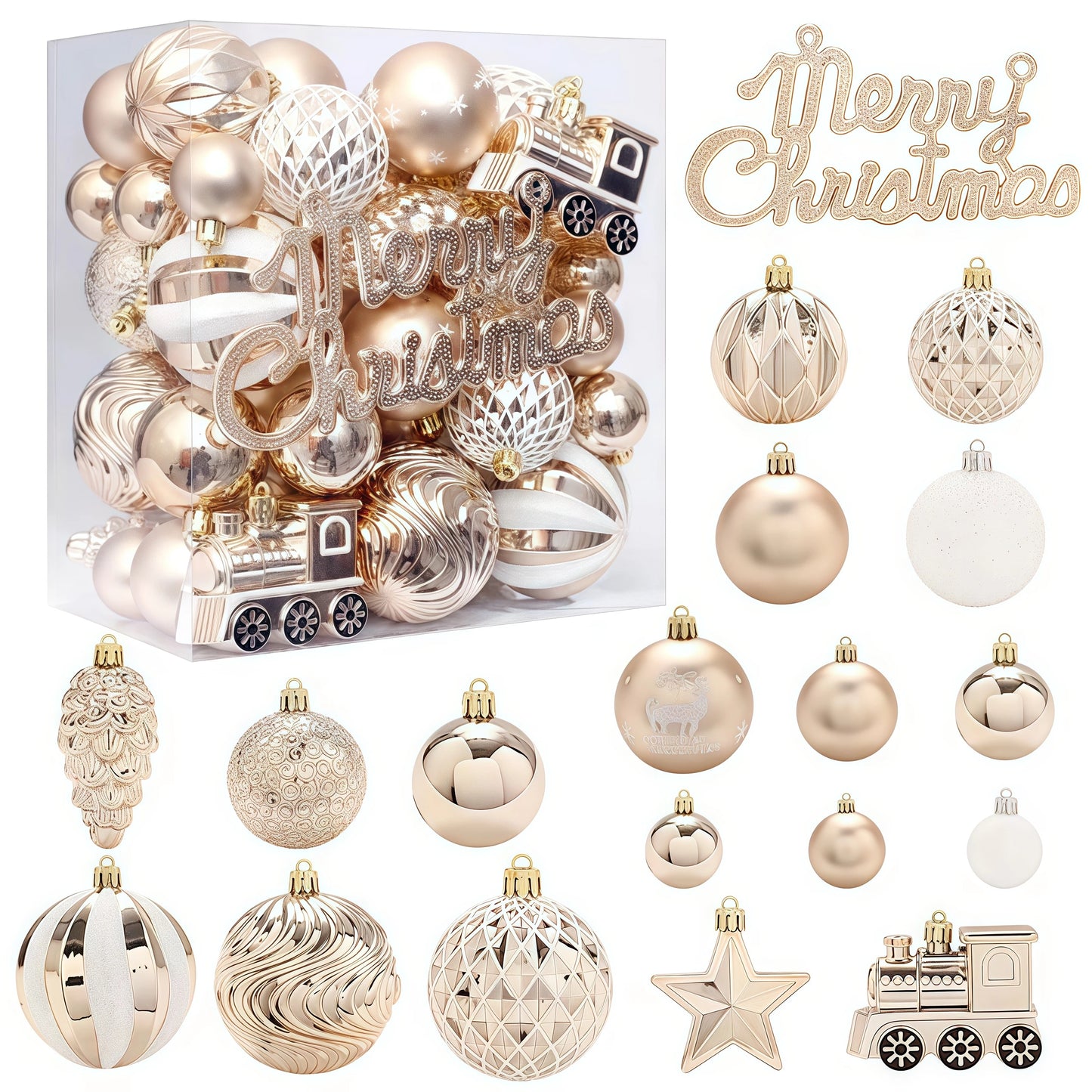 Collection of Christmas ornaments including balls and a star, with 'Merry Christmas' text, displayed against a white background.