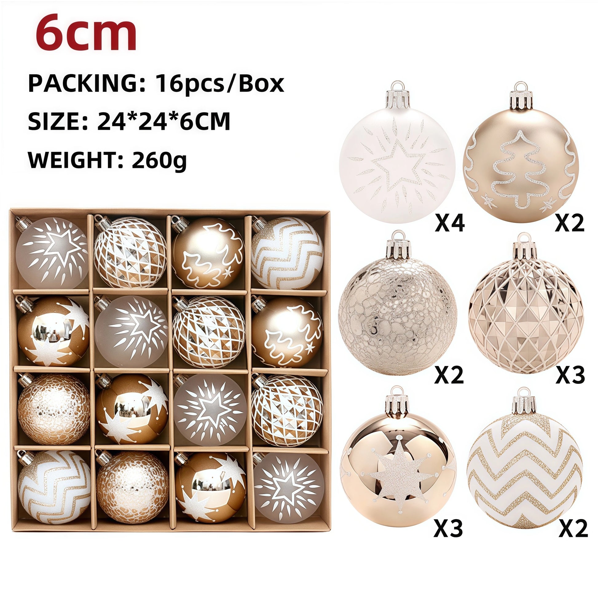 Decorative Christmas balls in a wooden box with packaging details.