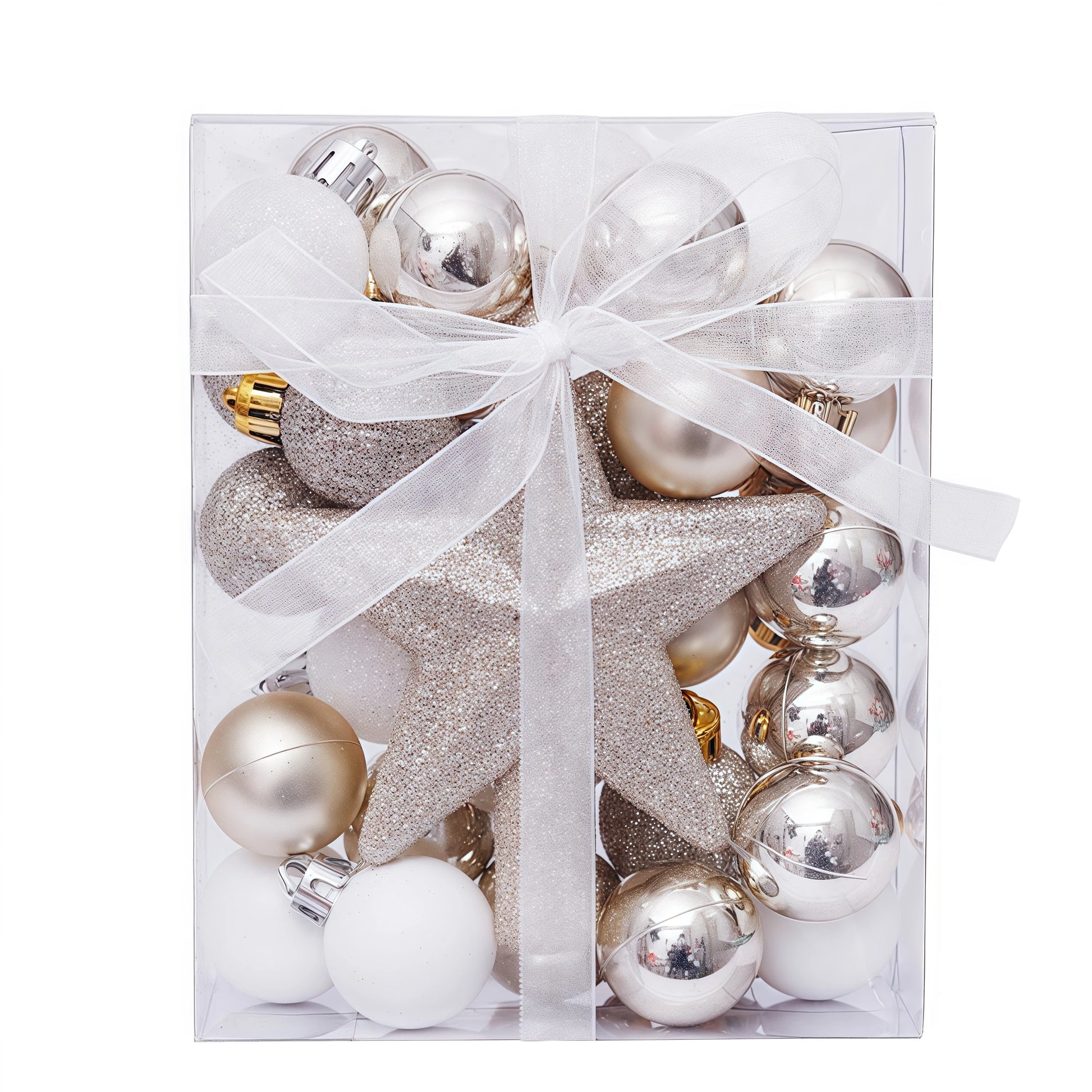 Set of Christmas ornaments in a box with a star-shaped gift bag.