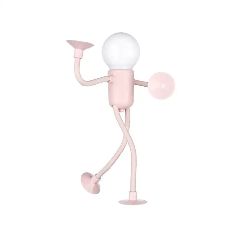 Pink animated lamp with a light bulb head on a white background