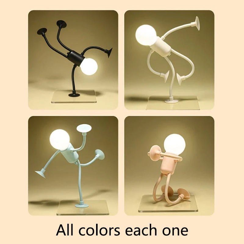 Four unique lamp designs in different colors on a beige background.