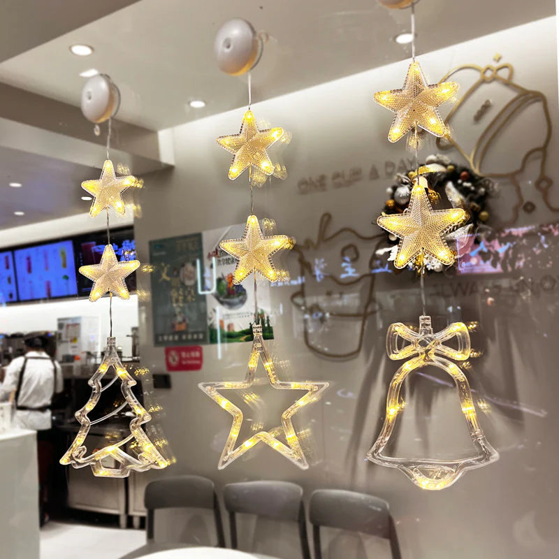 Christmas LED Hanging Window Lights with suction cups, battery box and warm glow in 15 festive designs