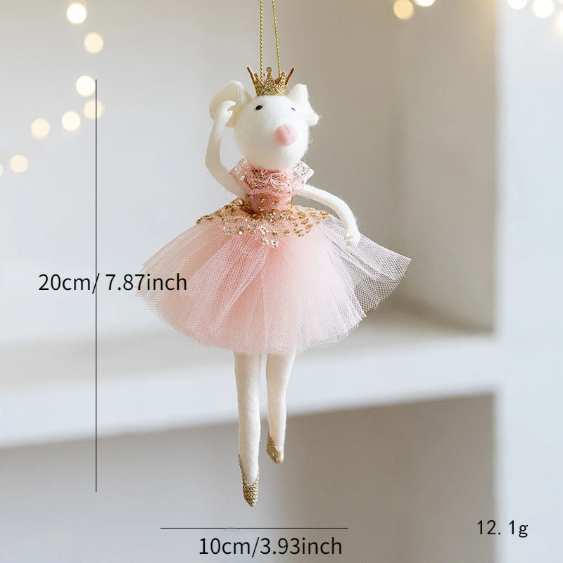 Decorative mouse ornament in a pink dress with measurements and weight displayed.