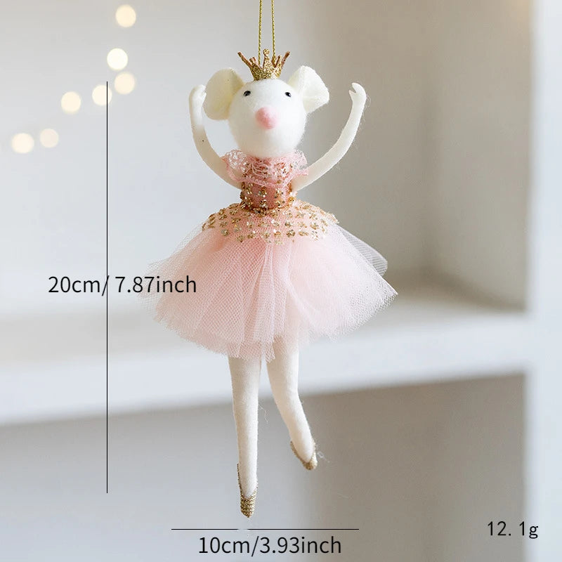 Decorative mouse figurine in a pink dress with measurements and weight displayed.