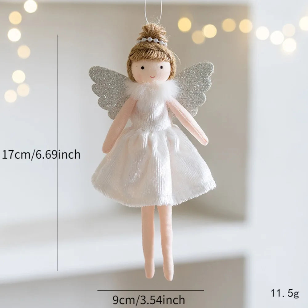 Decorative angel doll with measurements on a neutral background