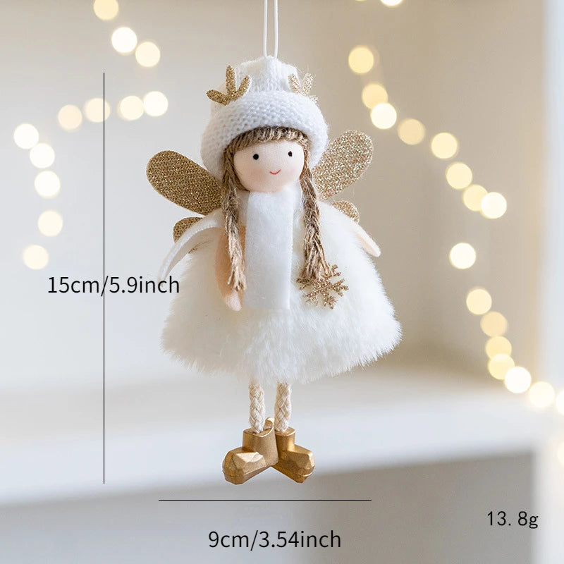 Decorative angel figurine with measurements and fairy lights in the background