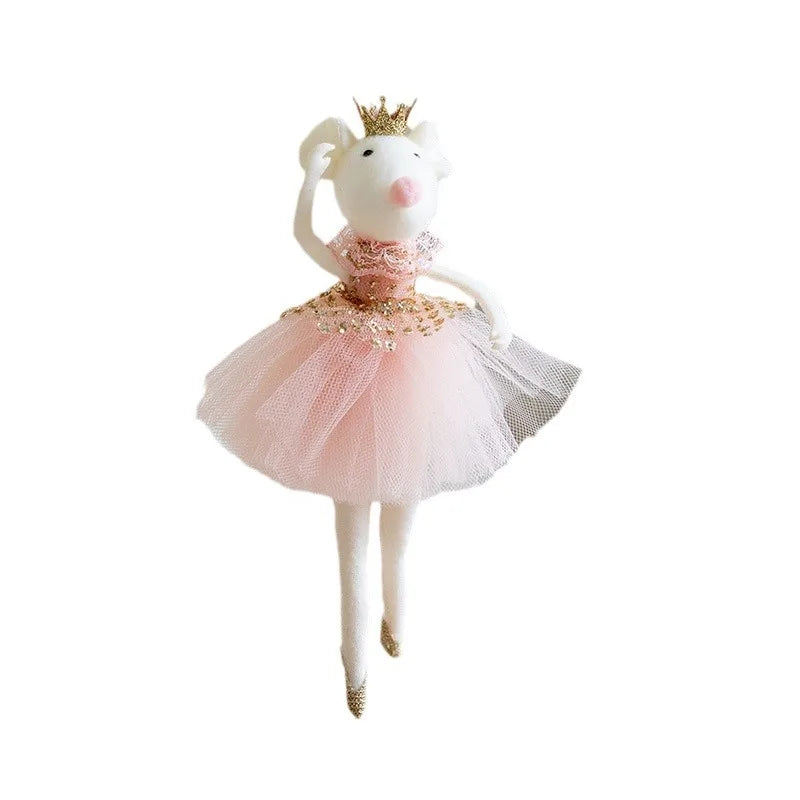 Christmas Tree Ornament. Mouse ballerina in a pink ballet outfit with a crown on a white background