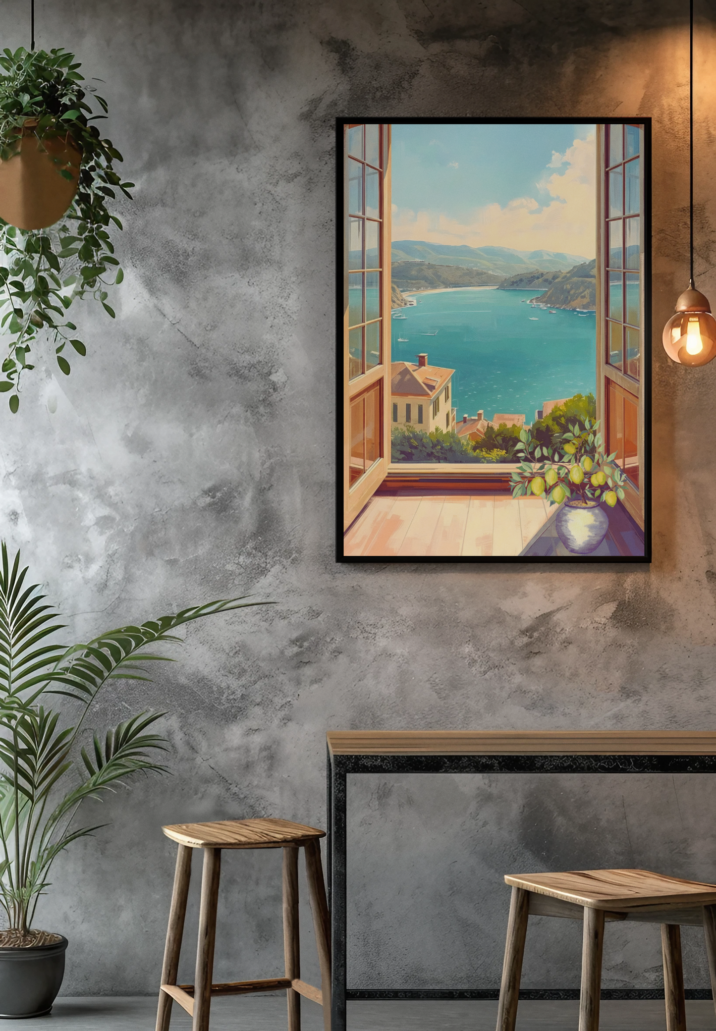 Framed Coastal window view wall art on a gray wall with plants and a table below.