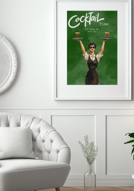 Framed artwork of a woman holding cocktail trays with 'Cocktail Time' text on a green background, displayed in a living room.