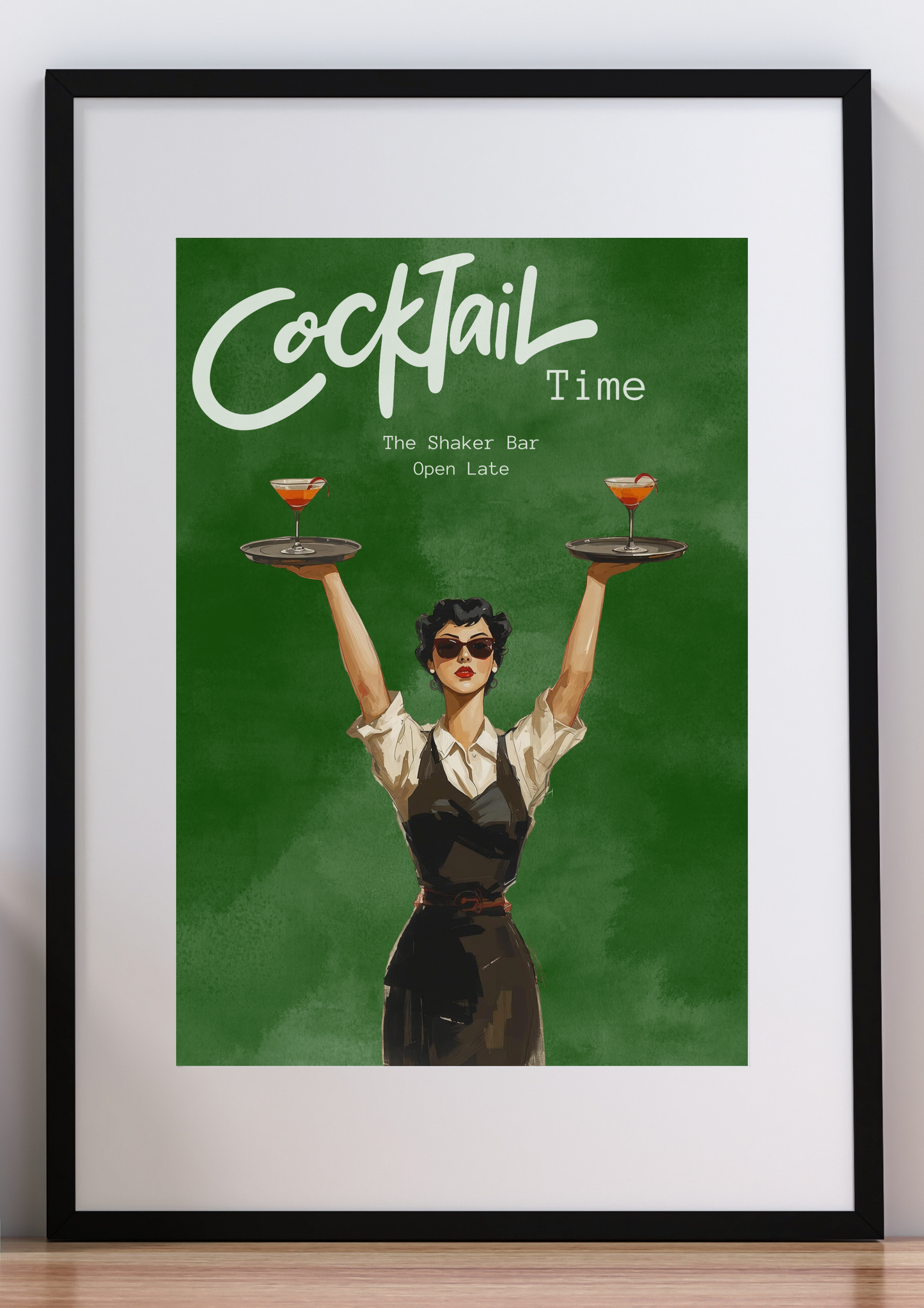 Framed poster with a woman holding cocktail trays and the text 'Cocktail Time' on a green background.