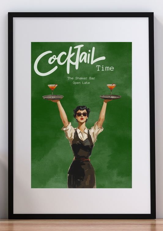 Framed poster with a woman holding cocktail trays and the text 'Cocktail Time' on a green background.