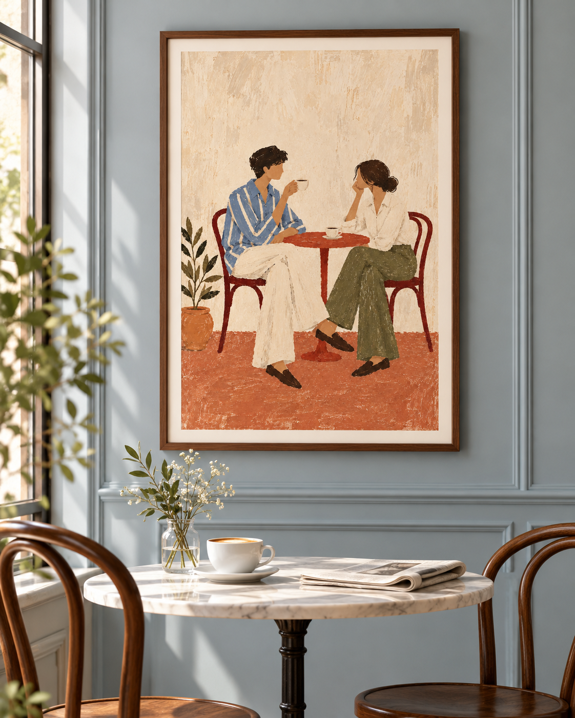 A framed art print depicting a couple sitting at a small table, displayed on a blue paneled wall above a marble dining table with chairs and a cup.