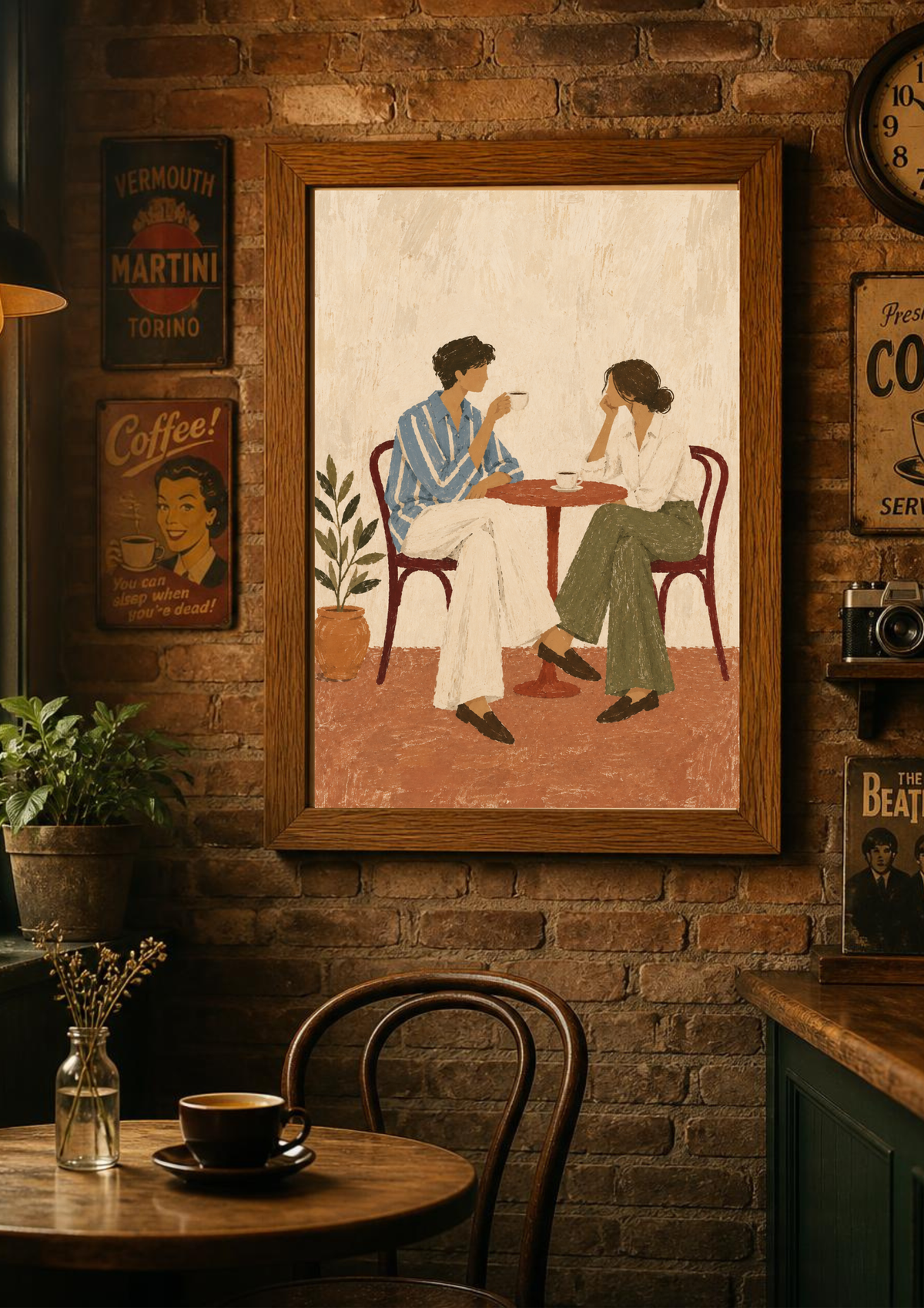 A framed art print depicting a couple sitting at a small table in a cafe, displayed on a rustic brick wall above a wooden table with a coffee cup and chair.