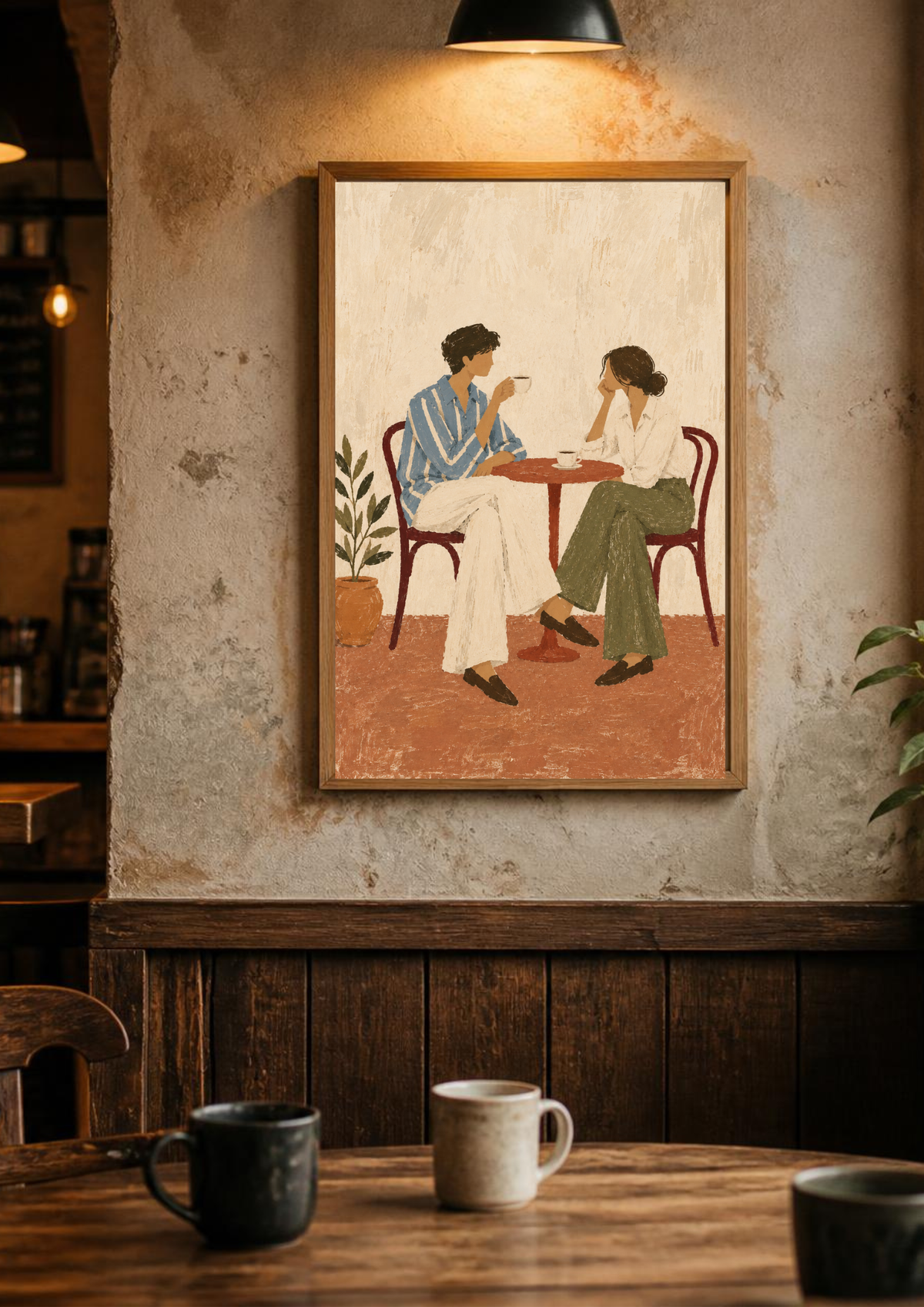 A framed art print depicting two women sitting at a small table in a cafe, hanging on a rustic textured wall above a wooden counter in a cozy cafe setting.