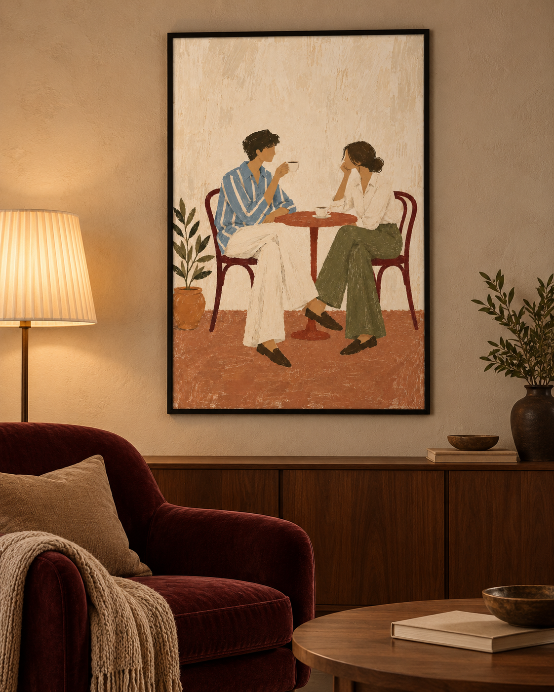 A framed art print depicting a couple sitting at a small table, displayed on a beige wall in a cozy living room setting with a red armchair, a lit lamp, and a wooden sideboard.