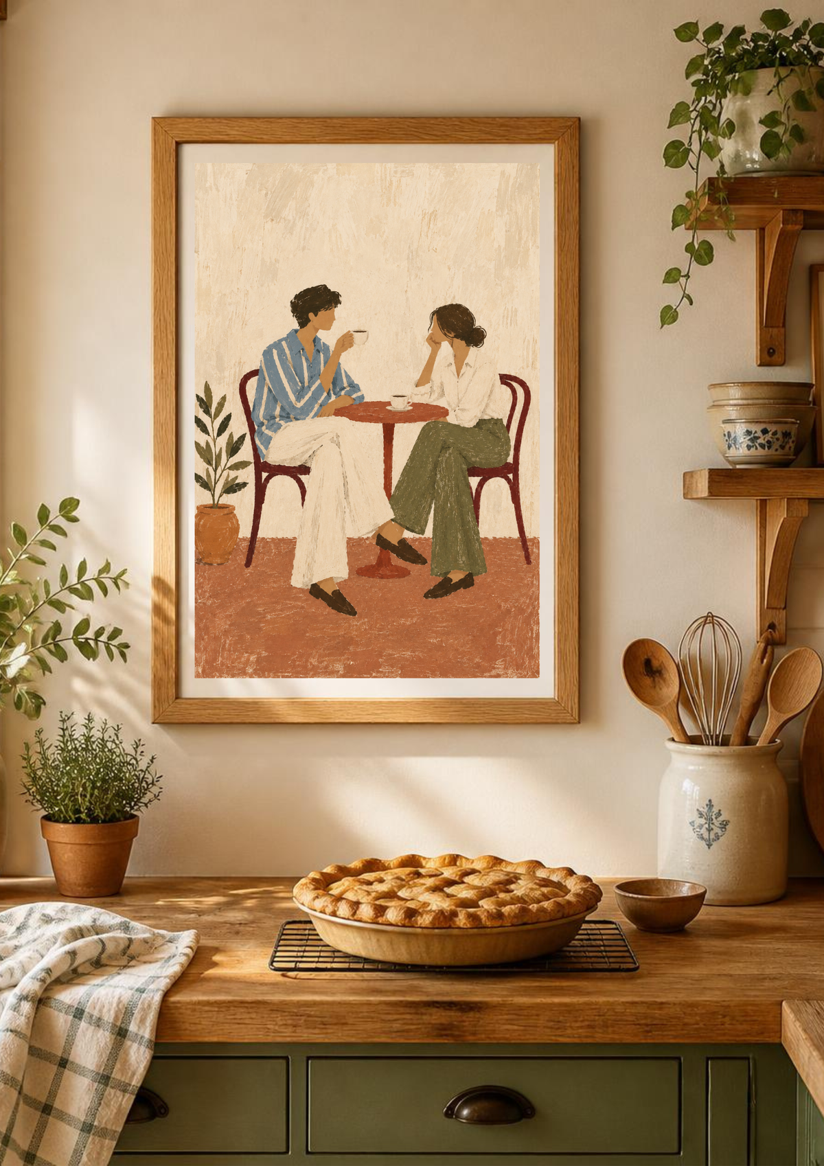 A framed art print depicting a couple sitting at a table, displayed on a warm beige wall above a wooden kitchen counter with a pie and potted plants.
