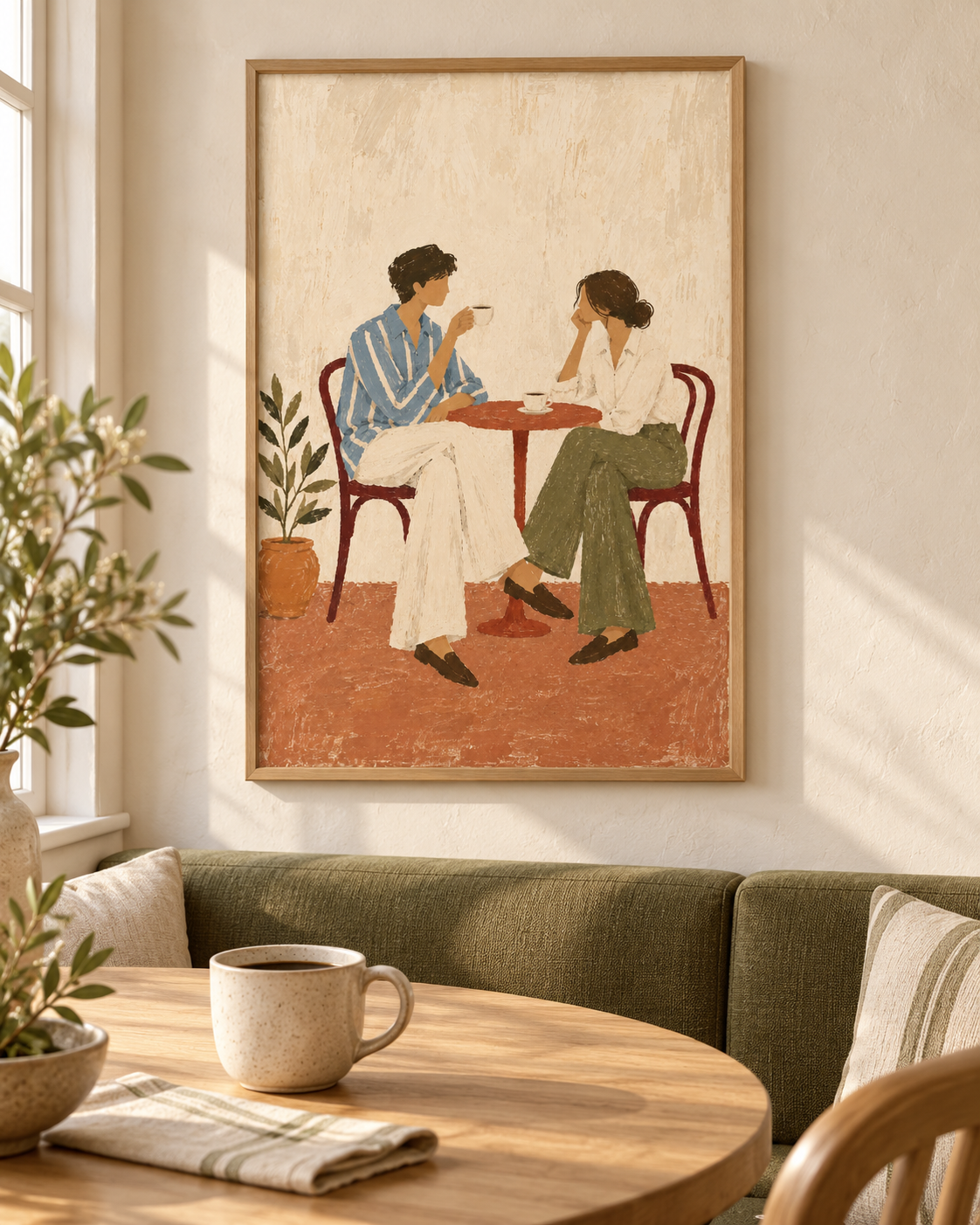 A framed art print depicting a couple having a coffee date, hanging on a wall in a cozy, sunlit living room setting above a green sofa and wooden table.