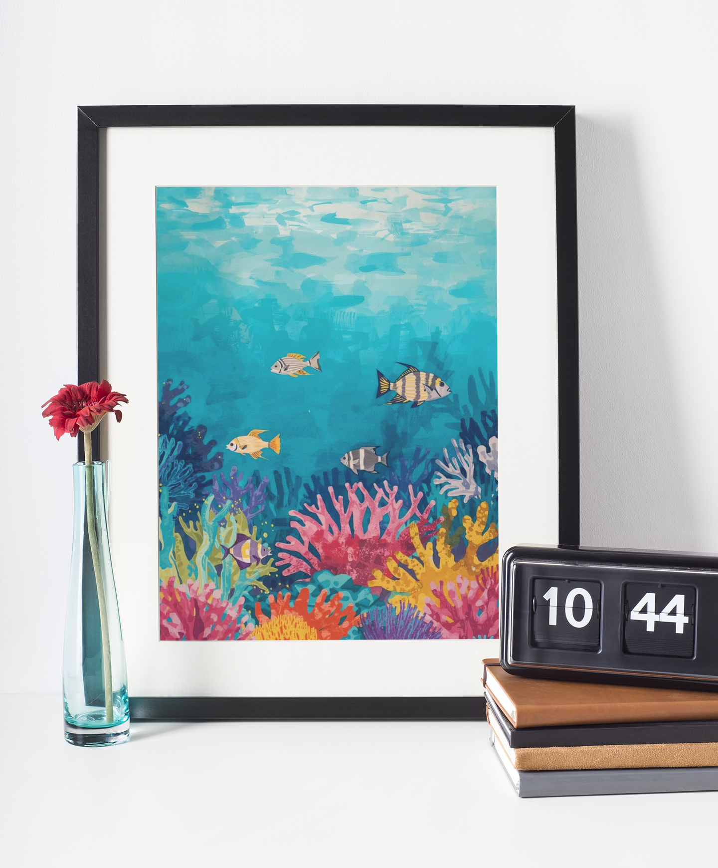 Framed underwater scene with fish and coral on a white surface with decor items.