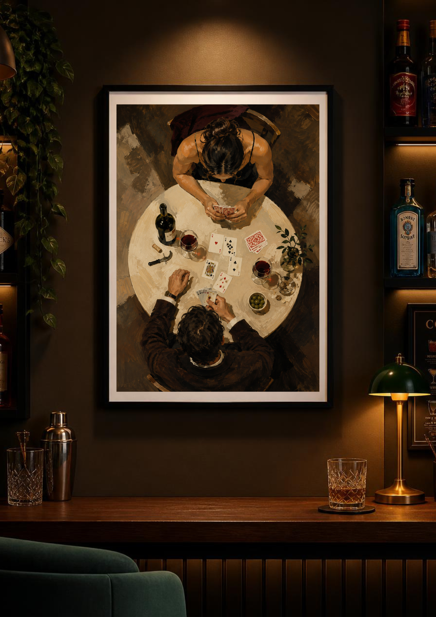 Painterly couple wall art featuring an overhead card game and wine scene in a warm sophisticated home interior.