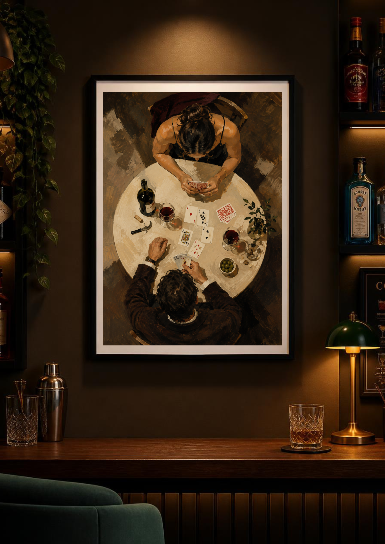 Painterly couple wall art featuring an overhead card game and wine scene in a warm sophisticated home interior.