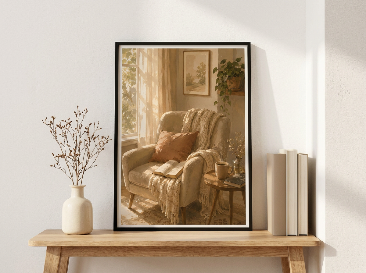 Framed artwork of a cozy living room scene on a wooden shelf with decor items.