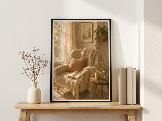 Framed artwork of a cozy living room scene on a wooden shelf with decor items.