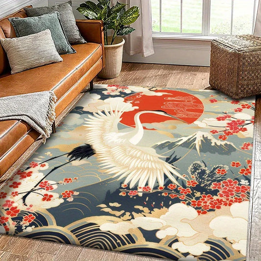 Oriental-style velvet rug with crane and red sun design.