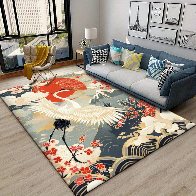 Living room with a decorative rug featuring cranes and floral patterns, a blue sofa with colorful pillows, and a cityscape view.