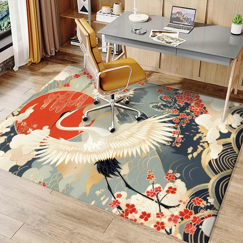 Decorative rug with crane design in a room with a desk and chair.