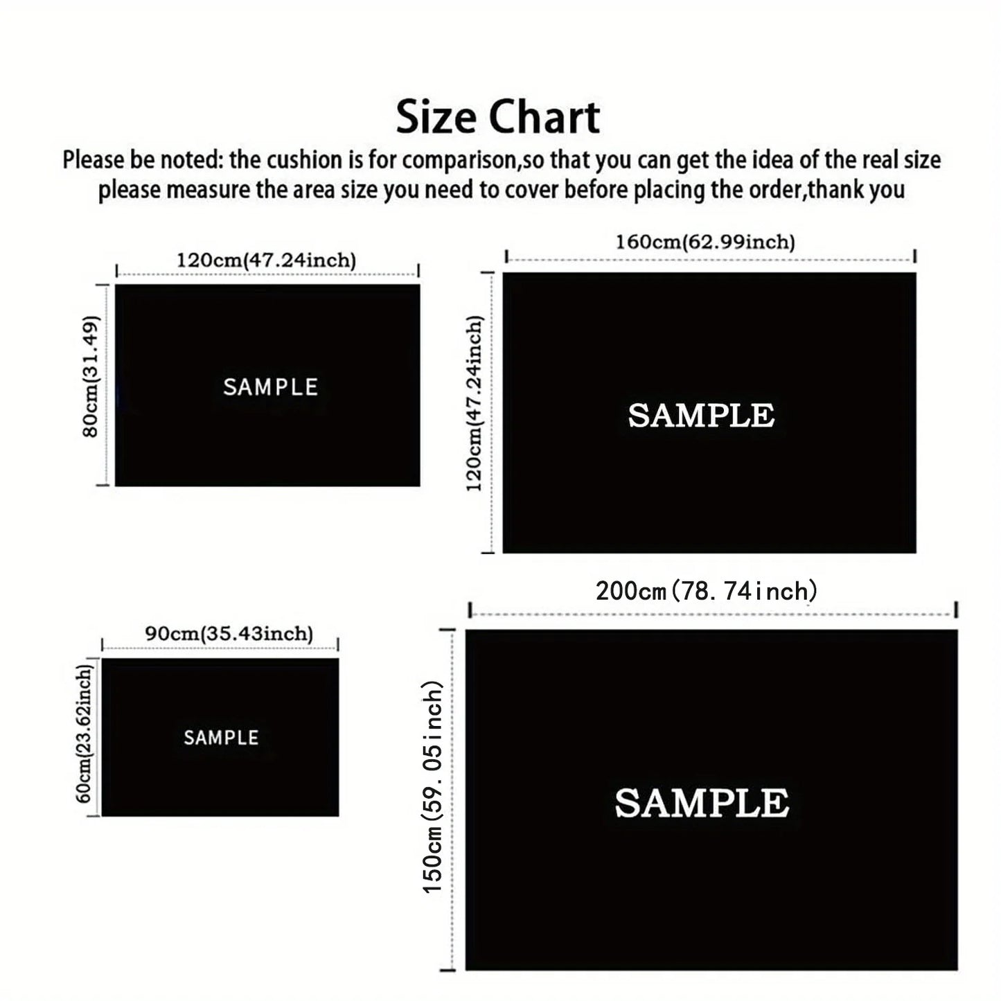 Size chart with dimensions of black cushions for comparison