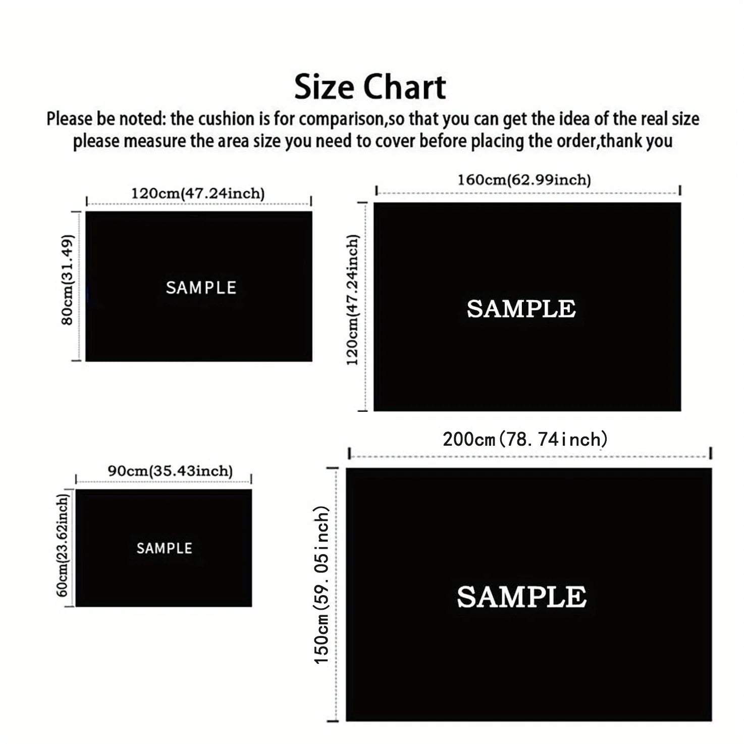 Size chart with dimensions of black cushions for comparison