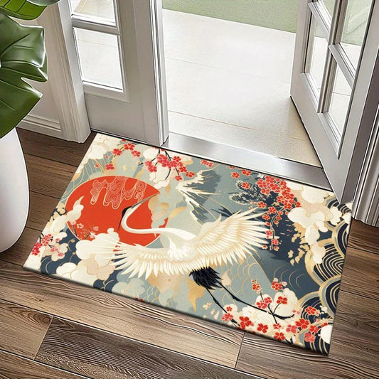 Decorative rug with crane design on a wooden floor