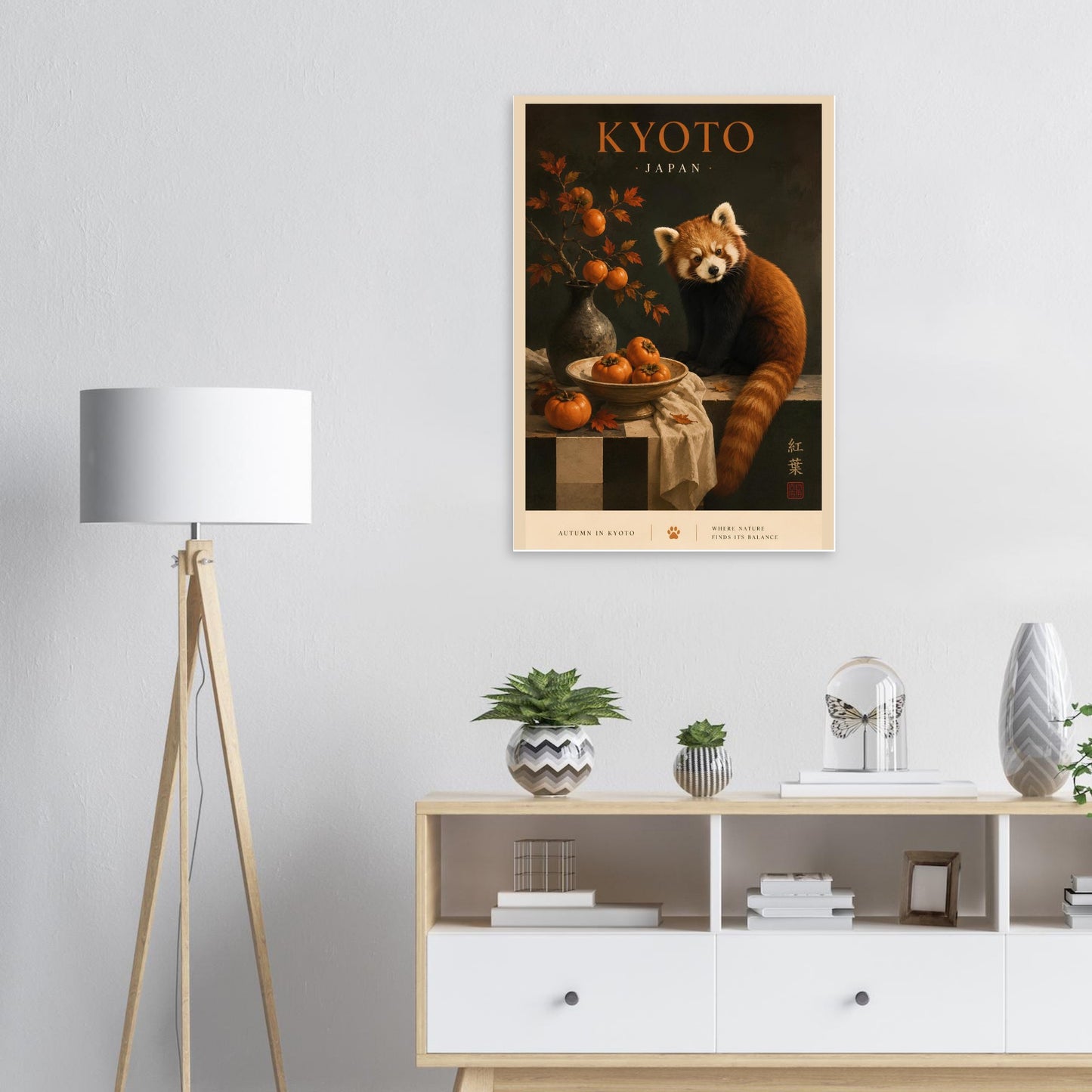 Poster of a red panda in a room with a lamp and shelves.
