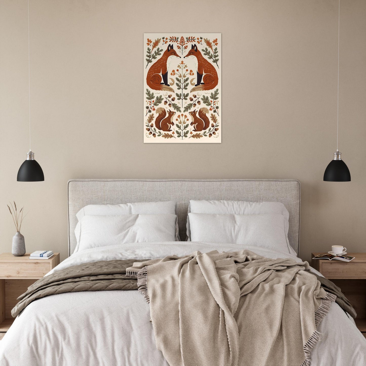Foxes & Ferns poster displayed in a cosy bedroom with warm neutral décor and cottagecore styling.