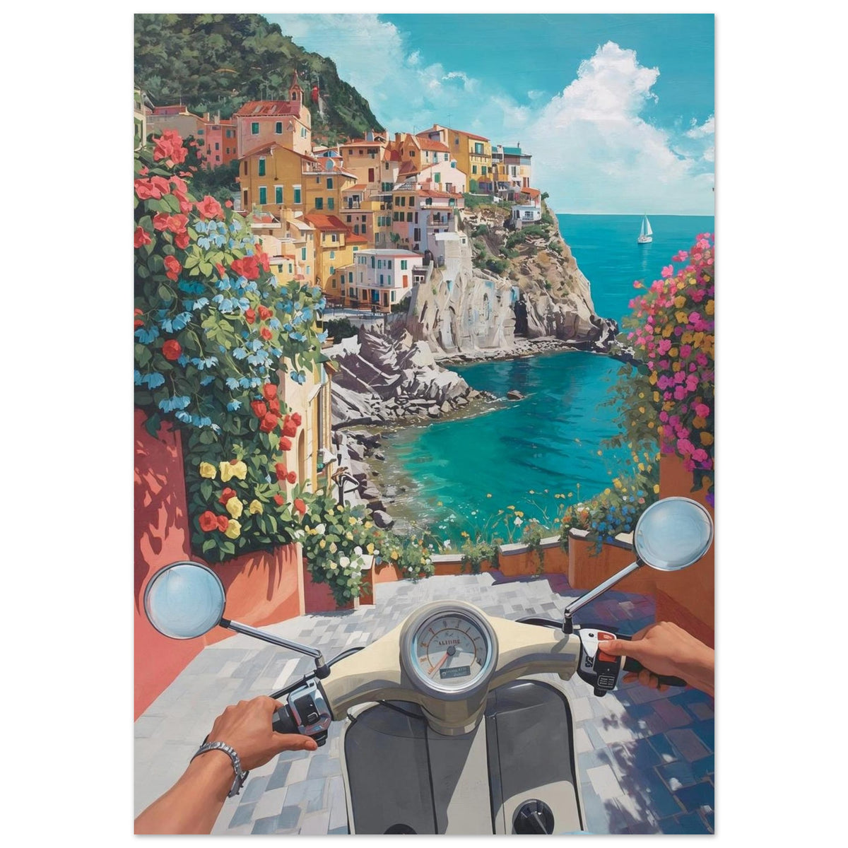 Poster of a coastal scene with a scooter 