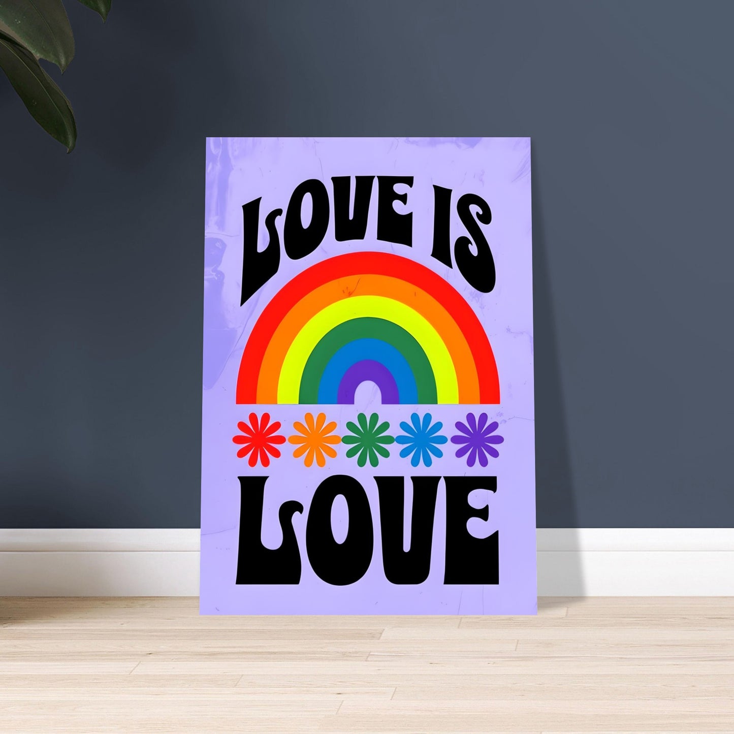 Poster with rainbow and 'Love is Love' text on a purple background