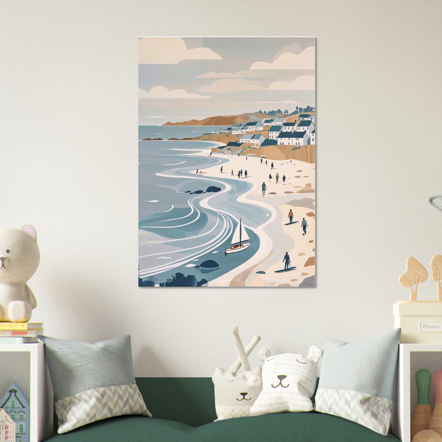 Modern seaside wall art print featuring a coastal village displayed above a bed