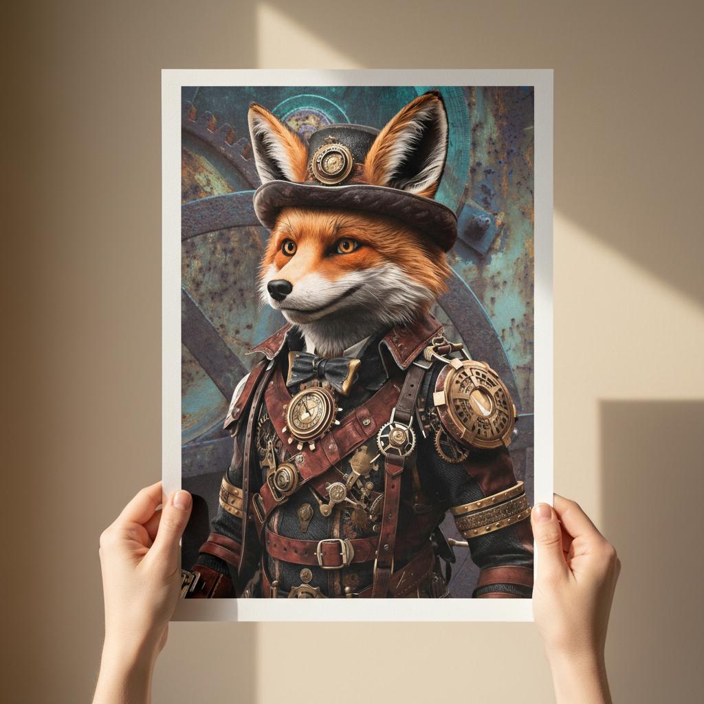Person holding a framed illustration of a steampunk fox against a beige wall.