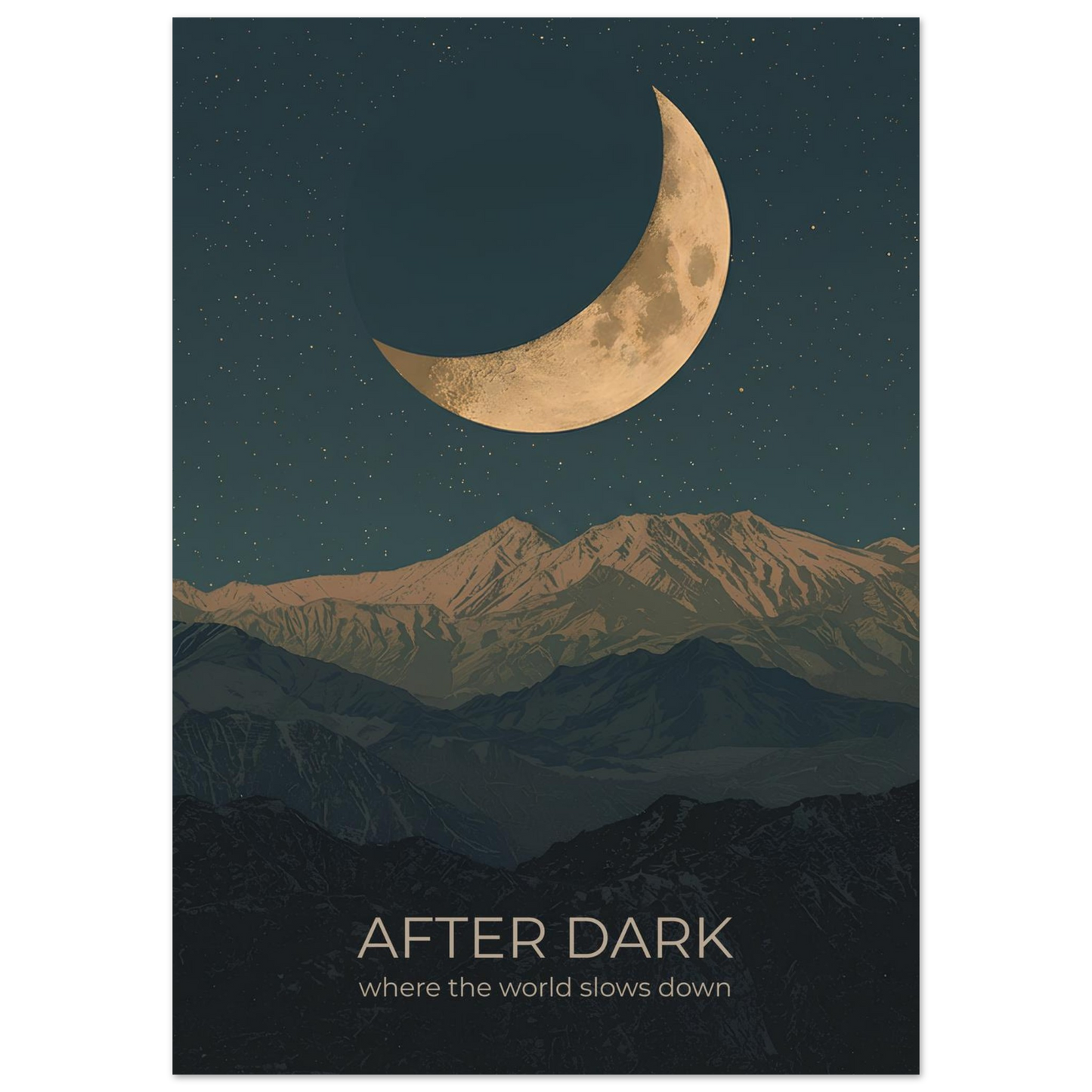 Close-up of After Dark moon wall art featuring a glowing crescent moon above layered mountains in deep navy and teal tones.